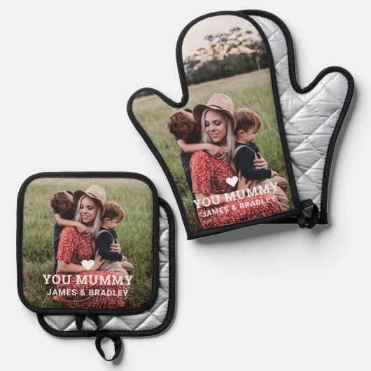 Schattige HART HOUDT VAN JE MUMMIE Foto Moederdag Ovenwant & Pannenlap Set (Voorkant / Achterkant)