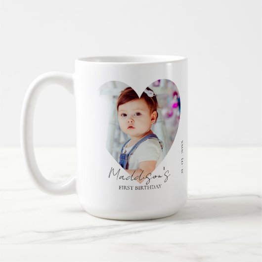 Schattige hart minimalistische foto eerste verjaar koffiemok (Links)