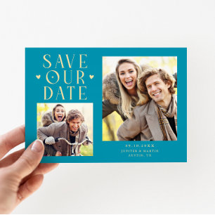 Schattige Harten 2-Foto Aqua Blauwe Trouw Save The Date
