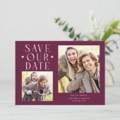 Schattige Harten 2-Foto Cranberry Bruiloft Save The Date (Staand voorkant)