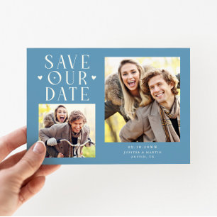 Schattige Harten 2-Foto Denim Blauwe Trouw Save The Date