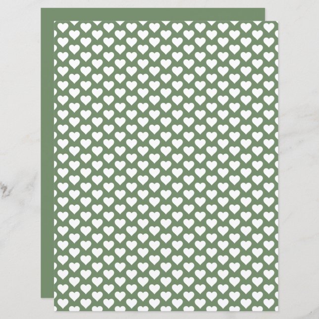 Schattige hartenpatroon Sage Green Scrapbook Paper (Voorkant / Achterkant)