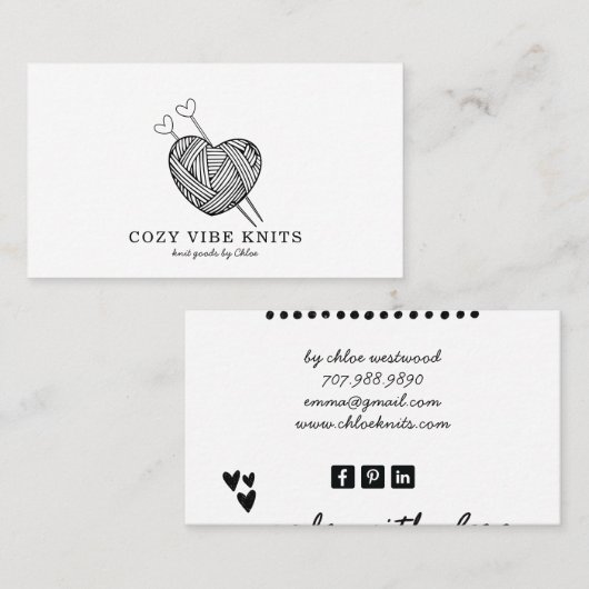 Schattige hartvormig garen handgemaakte gebreide g visitekaartje (Voorkant / Achterkant)