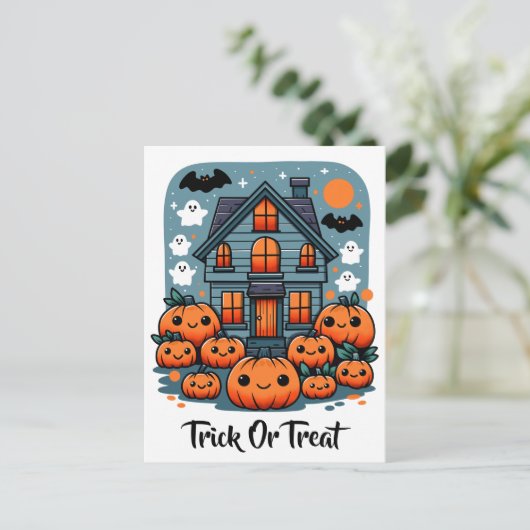 Schattige Haunted House Halloween Pumpkins Ghosts Briefkaart (Staand voorkant)