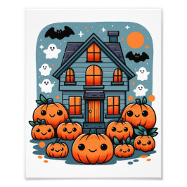 Schattige Haunted House Halloween Pumpkins Ghosts  Foto Afdruk