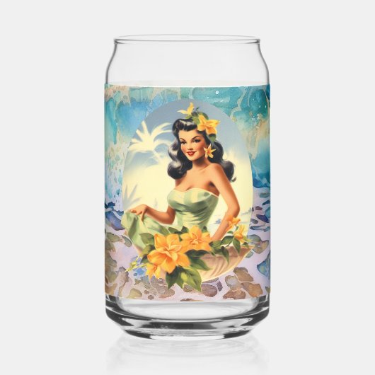 Schattige Hawaii strand Retro lady strand huis Blikvorm Glas (Achterkant)