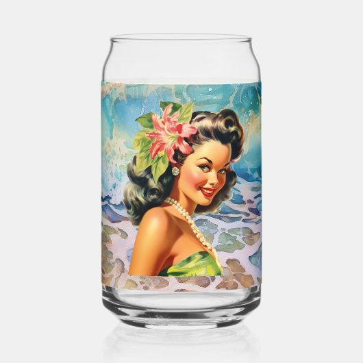 Schattige Hawaii strand Retro lady strand huis Blikvorm Glas (Achterkant)
