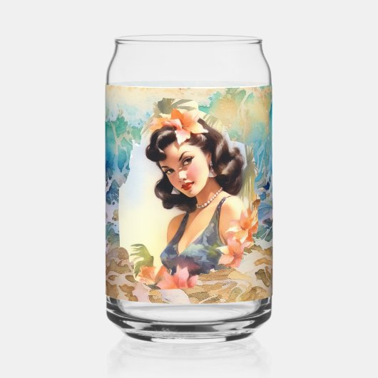 Schattige Hawaii strand Retro lady strand huis Blikvorm Glas (Voorkant)
