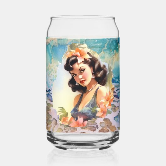 Schattige Hawaii strand Retro lady strand huis Blikvorm Glas (Achterkant)