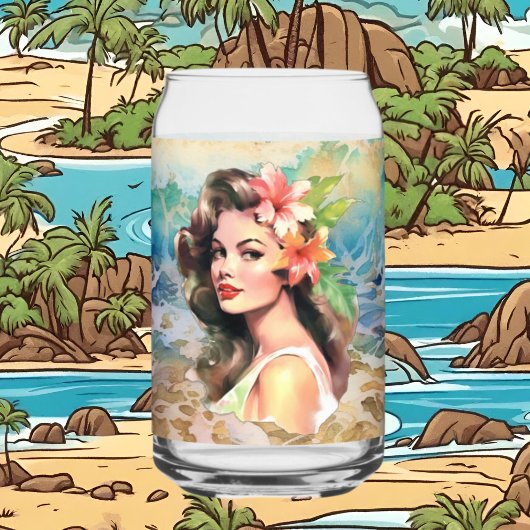Schattige Hawaii strand Retro lady strand huis Blikvorm Glas