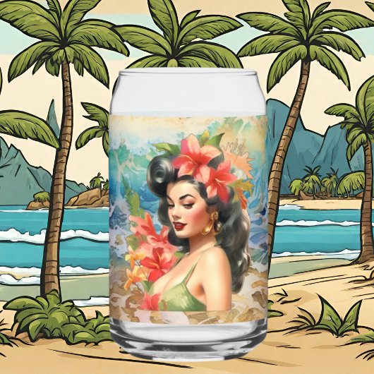 Schattige Hawaii strand Retro lady strand huis Blikvorm Glas