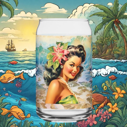Schattige Hawaii strand Retro lady strand huis Blikvorm Glas