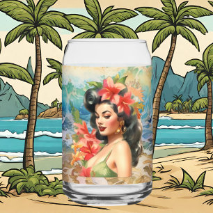 Schattige Hawaii strand Retro lady strand huis Blikvorm Glas