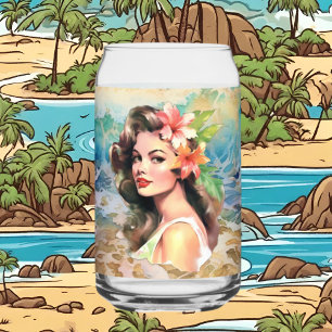 Schattige Hawaii strand Retro lady strand huis Blikvorm Glas