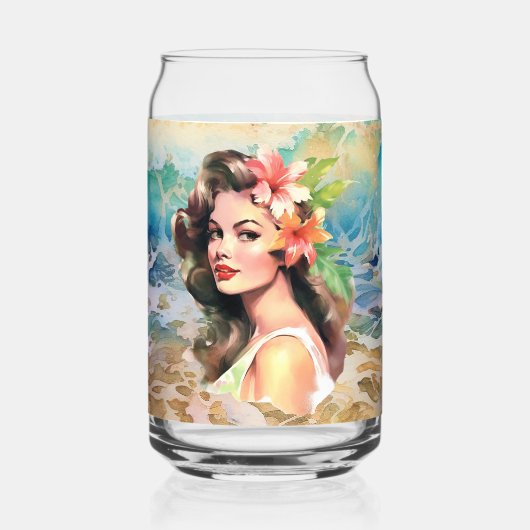 Schattige Hawaii strand Retro lady strand huis Blikvorm Glas (Voorkant)