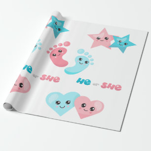Schattige He She Pink Blue Gender Reveal Party Cadeaupapier