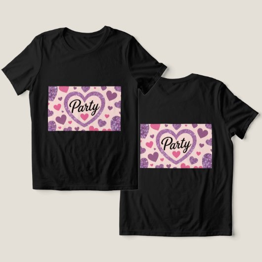 Schattige Hearts Party Zwart T-shirt (Ontwerp Voorkant & Achterkant)