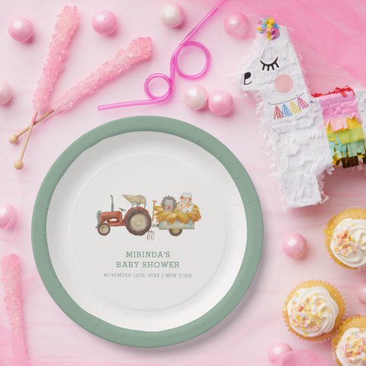 Schattige Hedgehog Boerderij Tractor Baby shower Papieren Bordje (Feest)