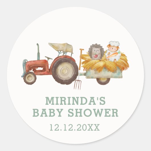 Schattige Hedgehog Boerderij Tractor Baby shower Ronde Sticker (Voorkant)