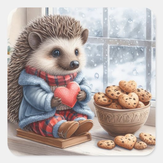 Schattige Hedgehog Cookies Snow Valentijn Vierkante Sticker (Voorkant)