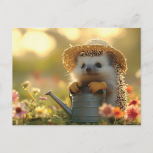 Schattige Hedgehog Gardener in een bloemenveld Briefkaart