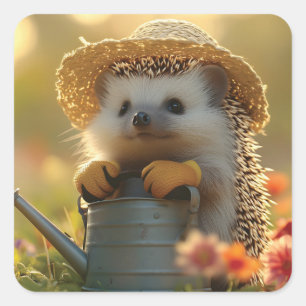 Schattige Hedgehog Gardener in een bloemenveld Vierkante Sticker