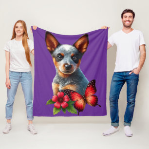 Schattige Heeler Puppy Met Vlinder en Bloem Fleece Deken