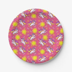 Schattige Heet Roze Zonnig Eenhoorn Patroon Ontwer Papieren Bordje