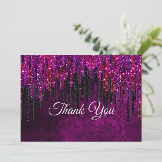 Schattige heet roze zwart Glitter Drips Bedankkaart (Staand voorkant)