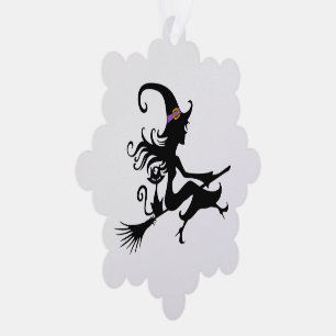 Schattige heks die op een bezem rijdt Silhouet Ornament Kaart