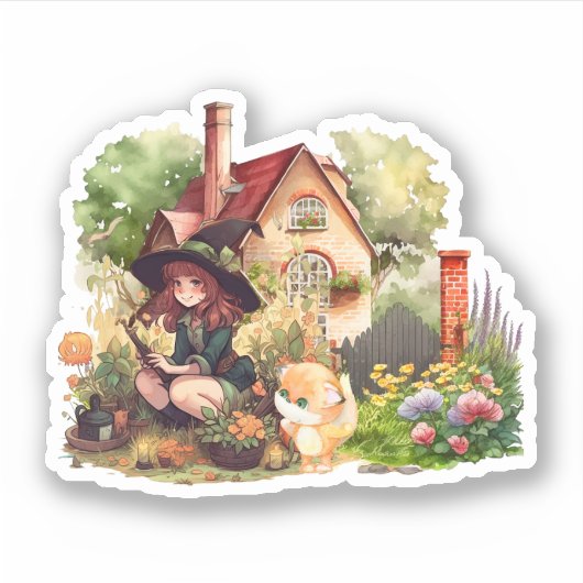 Schattige Heks en Vos | Sticker (Voorkant)