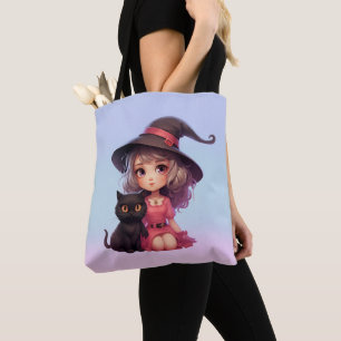 Schattige Heks en Zwarte Kat Roze en Blauwe Hallow Tote Bag