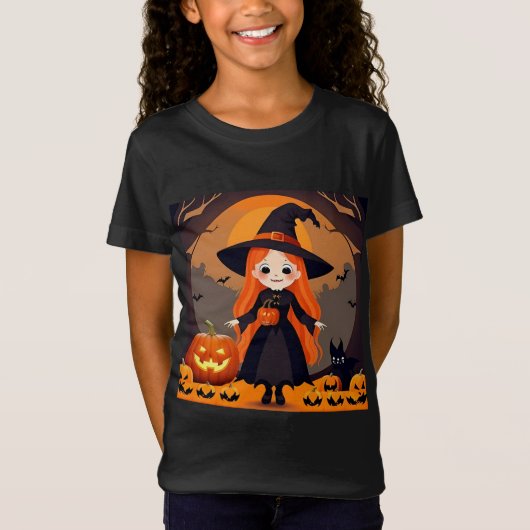 Schattige heks in Halloween-setting met pompoenen T-shirt (Voorkant)
