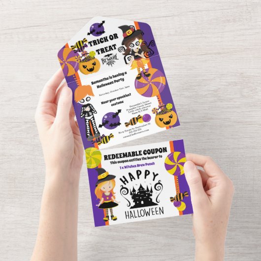 Schattige heks kinder halloween coupon all in one uitnodiging (Afscheurbaar)