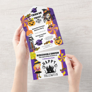 Schattige heks kinder halloween coupon all in one uitnodiging