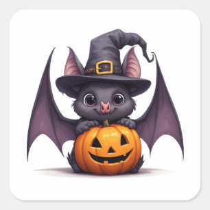 Schattige Heks Vleermuis En Pompoen Halloween Plez Vierkante Sticker