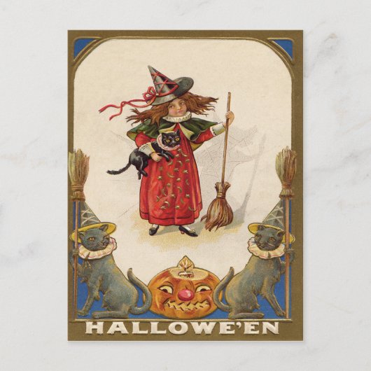 Schattige Heks Zwarte Kat Jack O' Lantern Briefkaart (Voorkant)