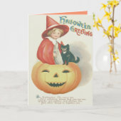 Schattige Heks Zwarte Kat Jack O Lantern Kaart (Gele Bloem)