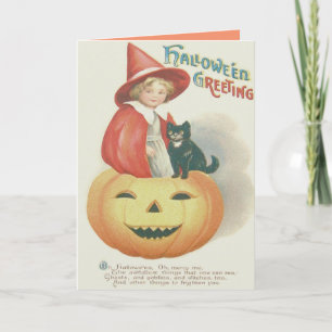 Schattige Heks Zwarte Kat Jack O Lantern Kaart