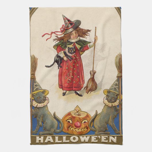 Schattige Heks Zwarte Kat Jack O' Lantern Theedoek (Verticaal)