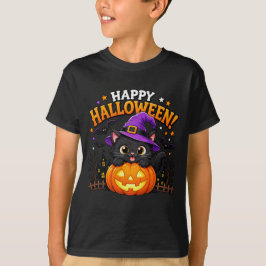 Schattige Heks Zwarte Kat Pompoen Gelukkig Hallowe T-shirt