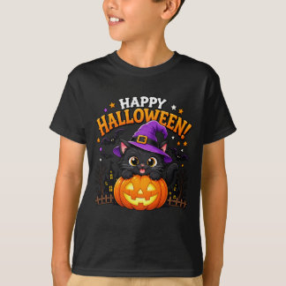 Schattige Heks Zwarte Kat Pompoen Gelukkig Hallowe T-shirt