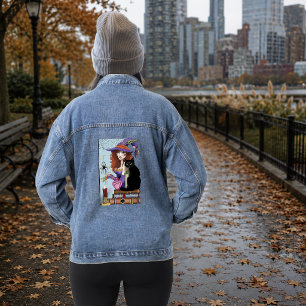 Schattige Heks Zwarte Kat Roze Toverdranken Boeken Denim Jacket