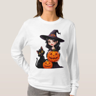 Schattige Heks Zwarte Katten Pompoen Halloween 🧙 T-shirt