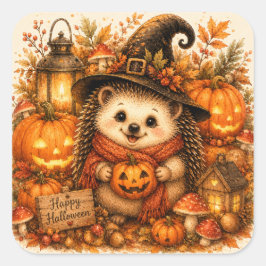 Schattige Heksenegel Gelukkig Halloween Pompoenen Vierkante Sticker