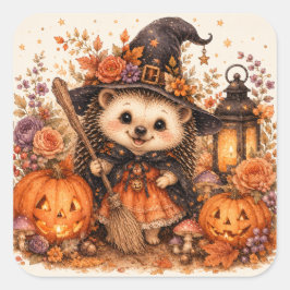 Schattige Heksenegel Halloween Bezemsteel Pompoene Vierkante Sticker
