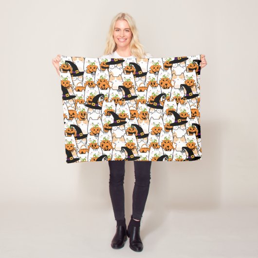 Schattige Heksenkat met Pompoen Halloween Fleece Deken (In situ)