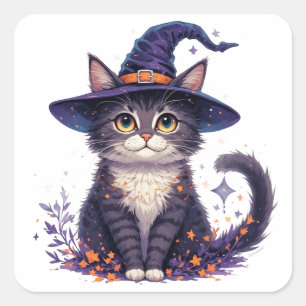 Schattige Heksenkat Met Sterren En Herfstbladeren Vierkante Sticker