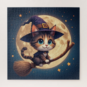 Schattige Heksenkat Onder Sterren En Volle Maan 🎃 Legpuzzel
