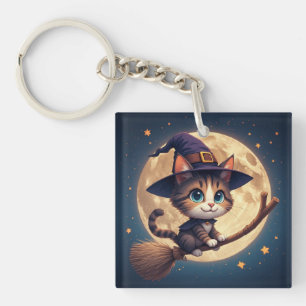 Schattige Heksenkat Onder Sterren En Volle Maan 🎃 Sleutelhanger